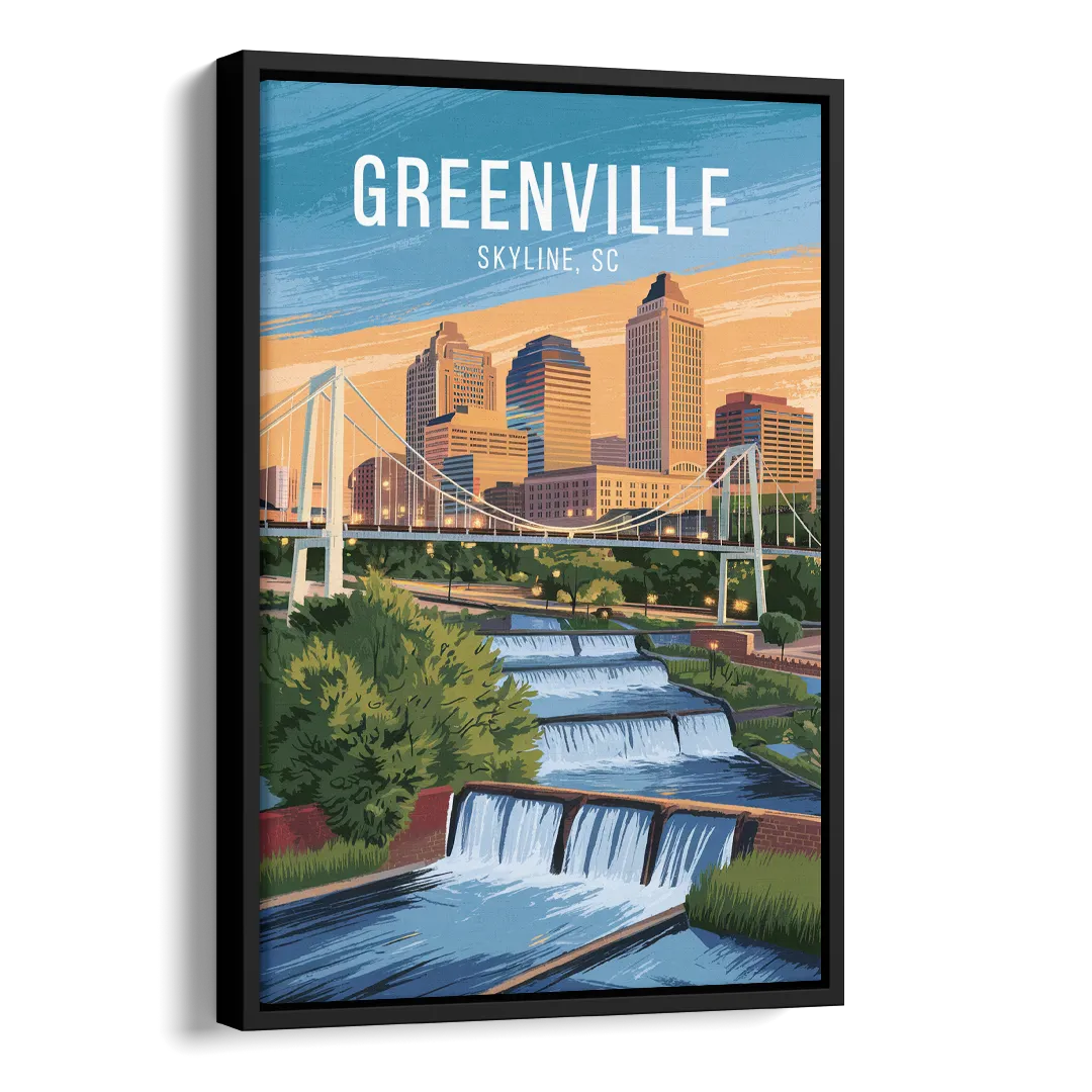Greenville Skyline at Sunset Side - Black Canvas Wall Art