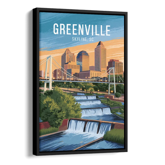 Greenville Skyline at Sunset Side - Black Canvas Wall Art