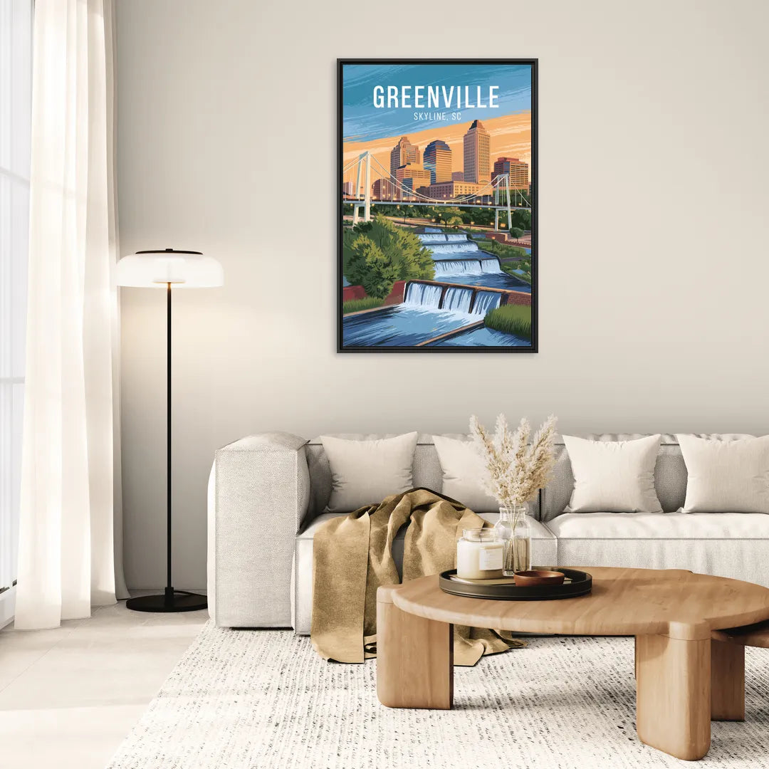 Greenville Skyline at Sunset - Living Room Black Frame Canvas