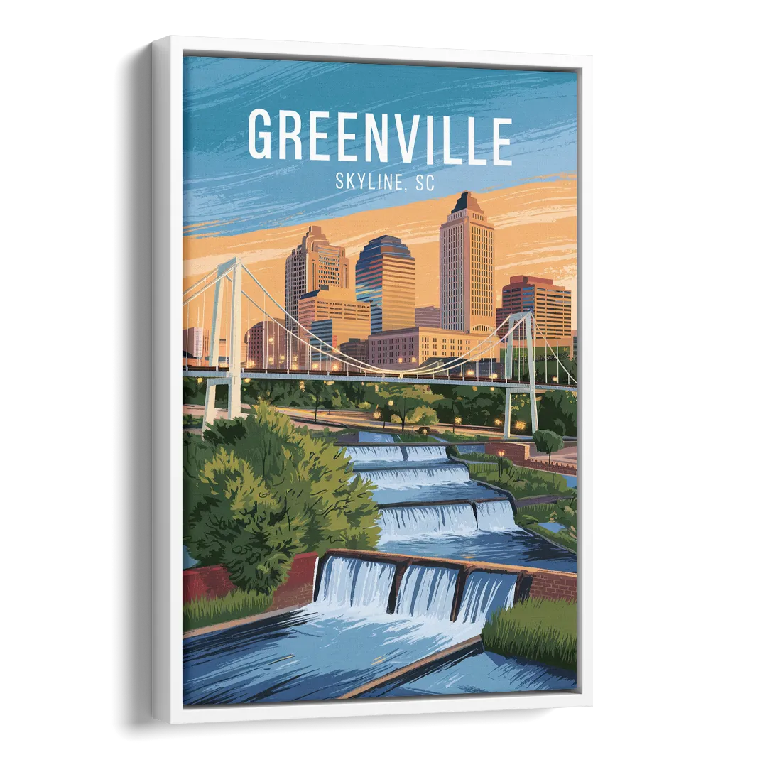 Greenville Skyline at Sunset Side - White Canvas Wall Art