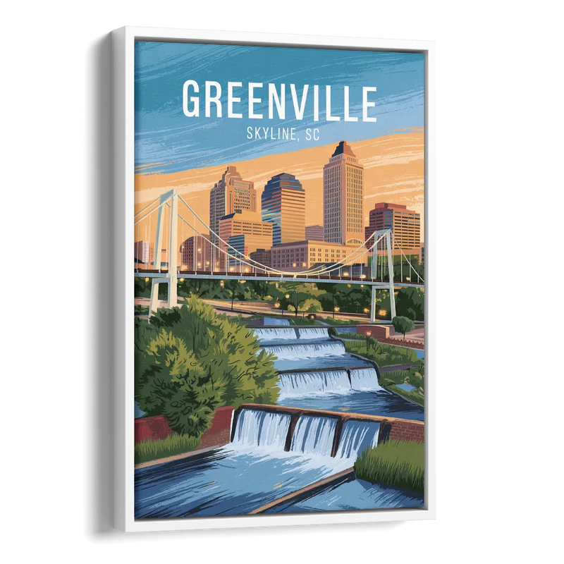 Greenville Skyline at Sunset Side - White Canvas Wall Art