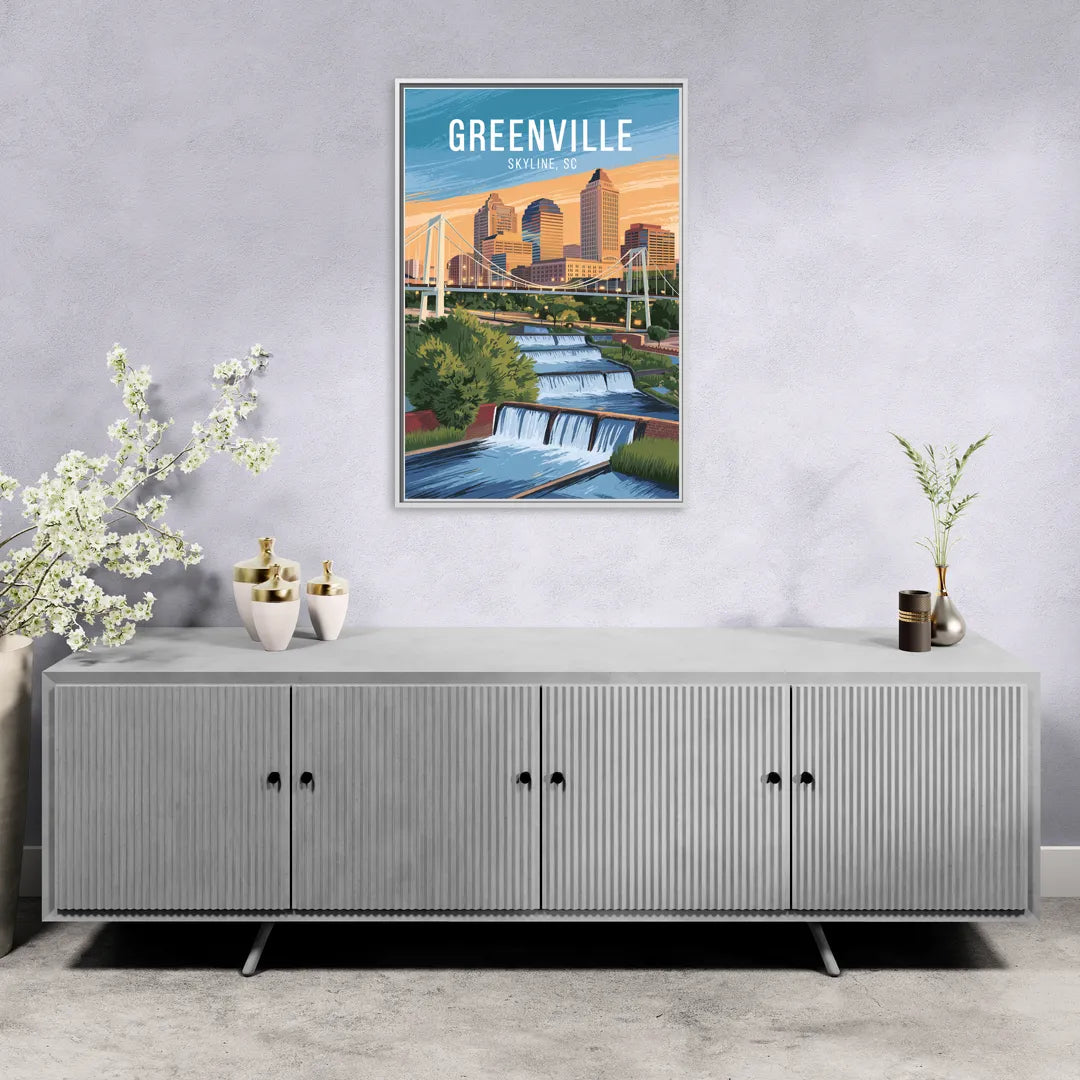 Greenville Skyline at Sunset - Living Room White Frame Canvas