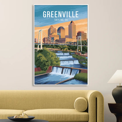 Greenville Skyline at Sunset Living Room - White Canvas Wall Art