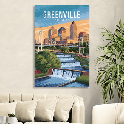 Greenville Skyline at Sunset Living Room - Canvas Wall Art