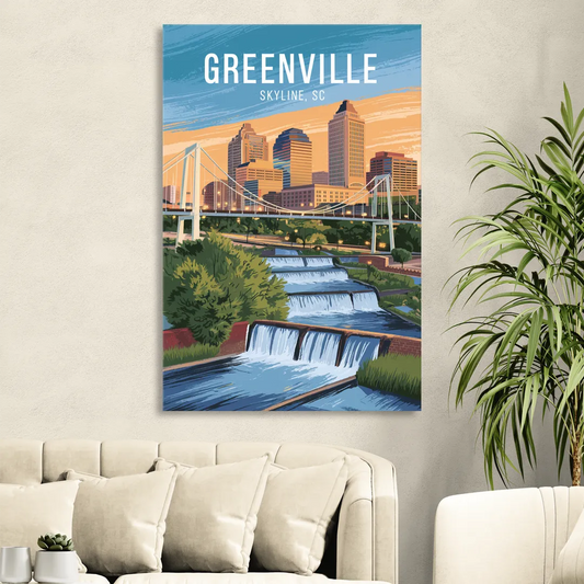 Greenville Skyline at Sunset Living Room - Canvas Wall Art
