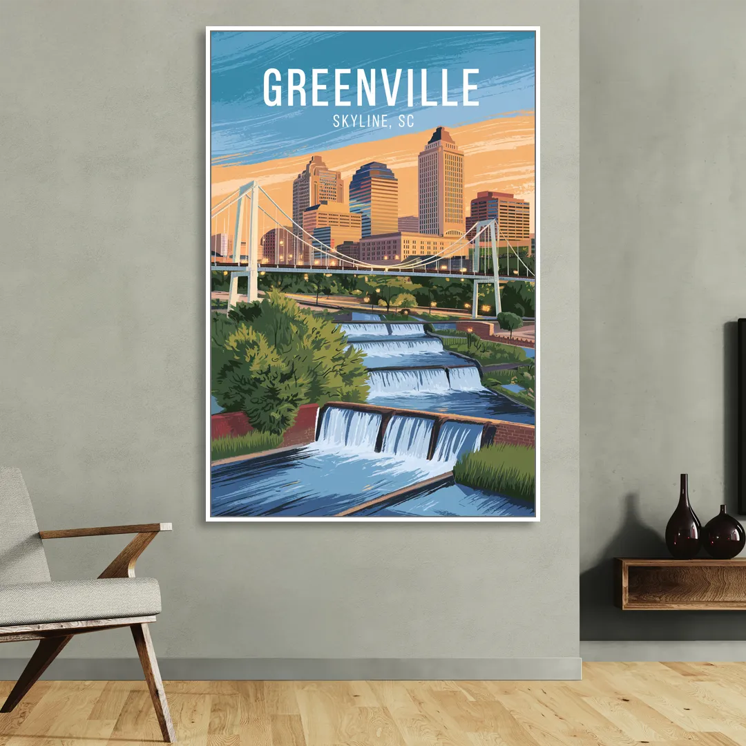 Greenville Skyline at Sunset Sitting Room - White Canvas Wall Art