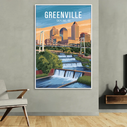 Greenville Skyline at Sunset Sitting Room - White Canvas Wall Art