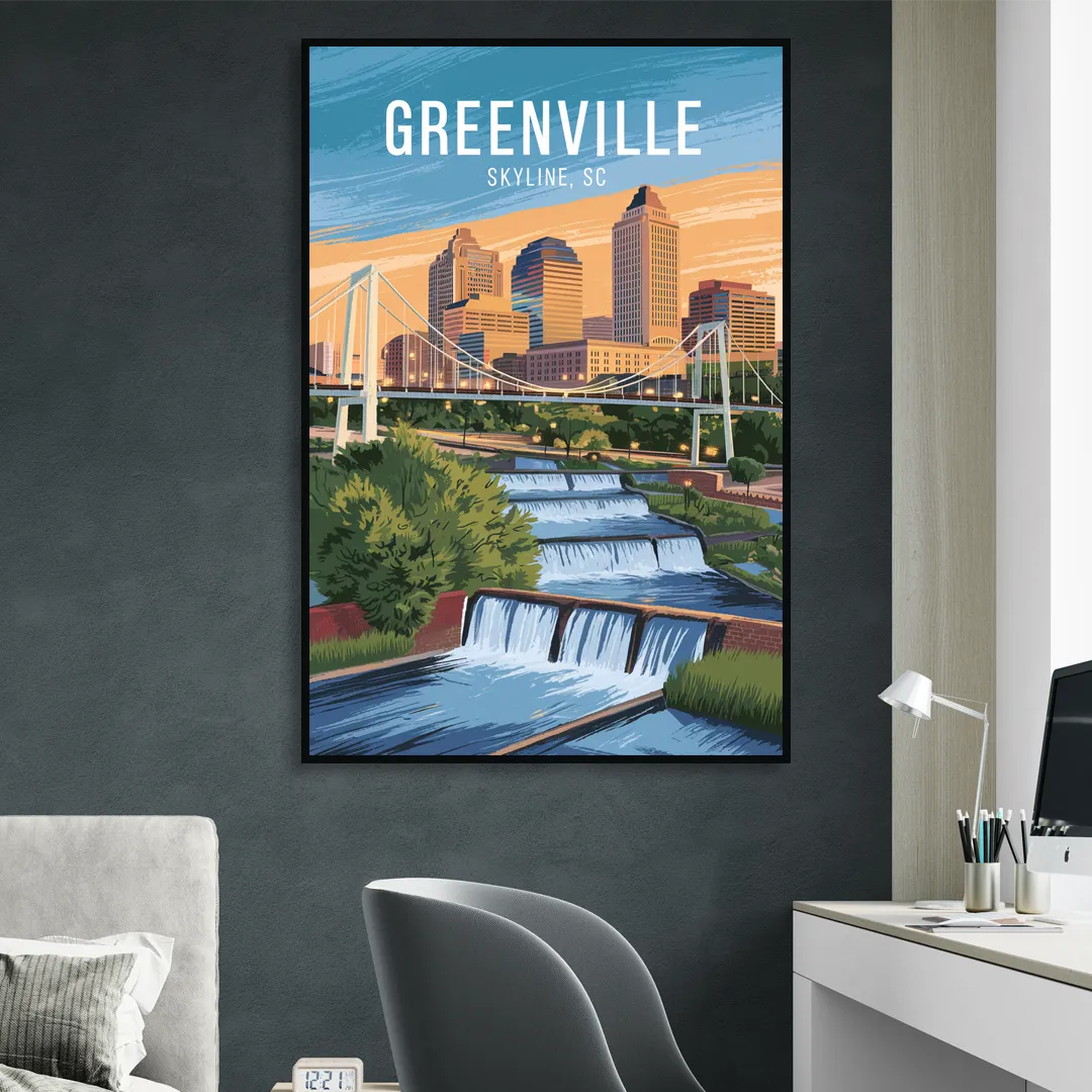 Greenville Skyline at Sunset Sitting Room - Black Canvas Wall Art
