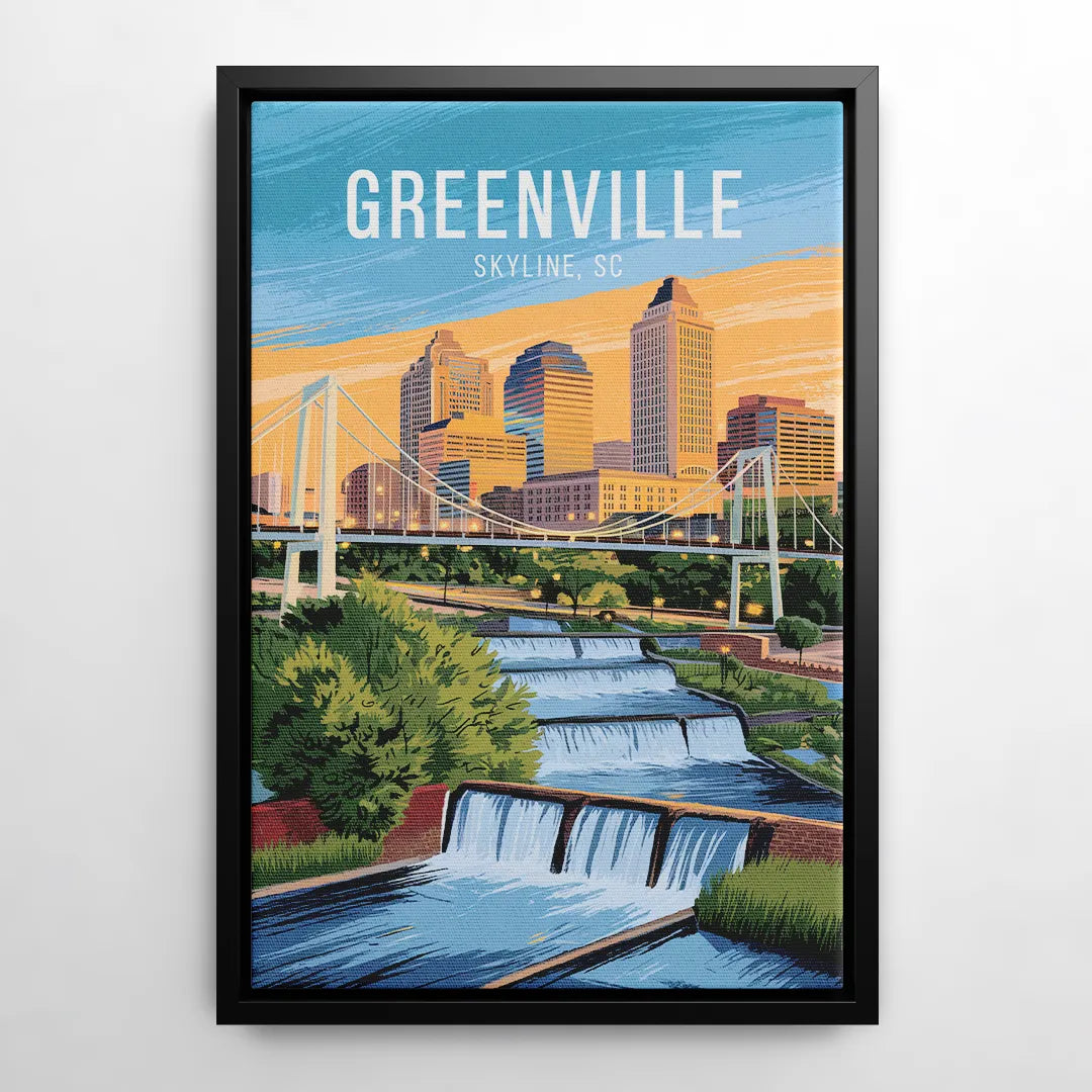 Greenville Skyline at Sunset - Black Frame Canvas