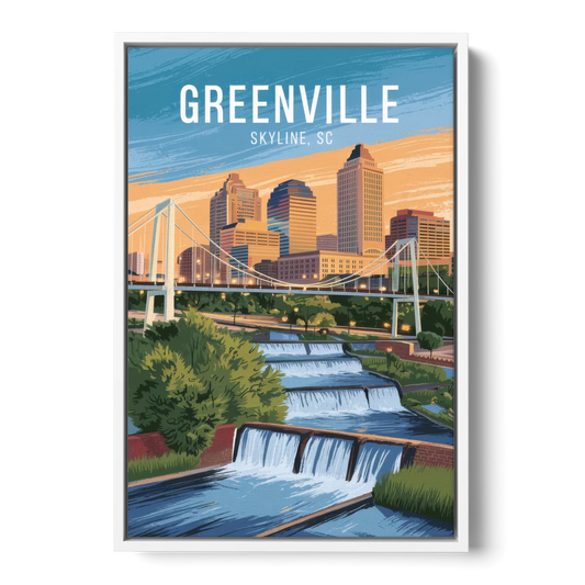 Greenville Skyline at Sunset - White Framed Canvas Wall Art - Front