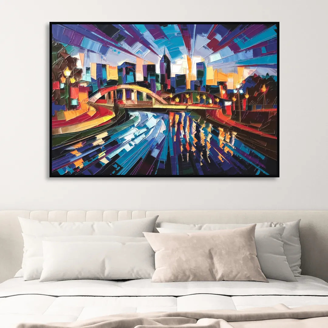 Greenville Vibrant Cityscape Sitting Room - Black Canvas Wall Art