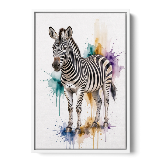 Grevy's Zebra in Watercolor Splashes - White Framed Canvas Wall Art - Front