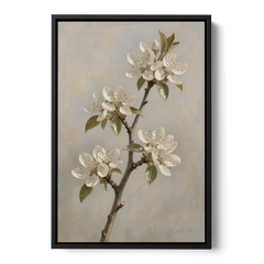 Grey Floral Wall Art with Pear Blossom Stem - Black Framed Canvas Wall Art - Front