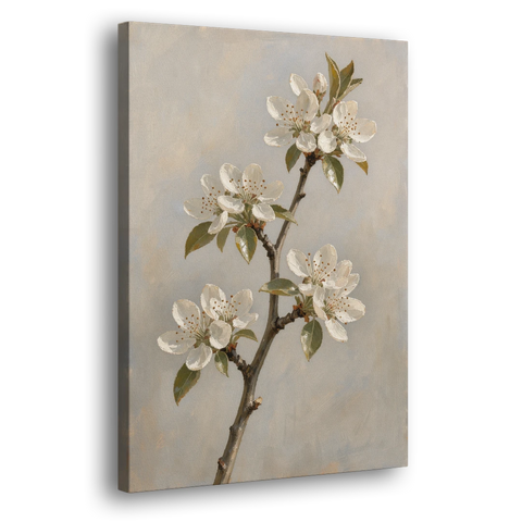 Grey Floral Wall Art with Pear Blossom Stem - Canvas Wall Art - Side