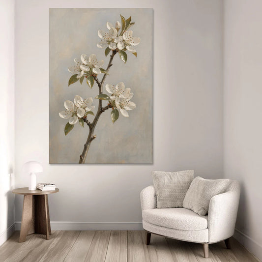 Grey Floral Wall Art with Pear Blossom Stem - Canvas Wall Art - Sofa - 40x60