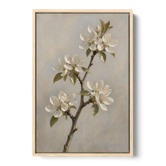 Grey Floral Wall Art with Pear Blossom Stem - Oak Framed Canvas Wall Art - Front