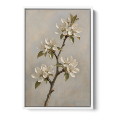 Grey Floral Wall Art with Pear Blossom Stem - White Framed Canvas Wall Art - Front