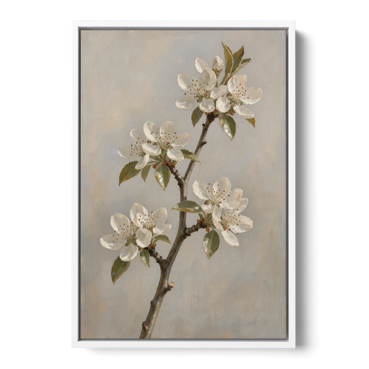 Grey Floral Wall Art with Pear Blossom Stem - White Framed Canvas Wall Art - Front