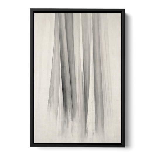 Grey and White Abstract Painting of Hanging Veils - Black Framed Canvas Wall Art - Front