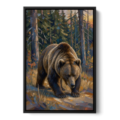 Grizzly in the Dusk Pines for the Man Cave - Black Framed Canvas Wall Art - Front