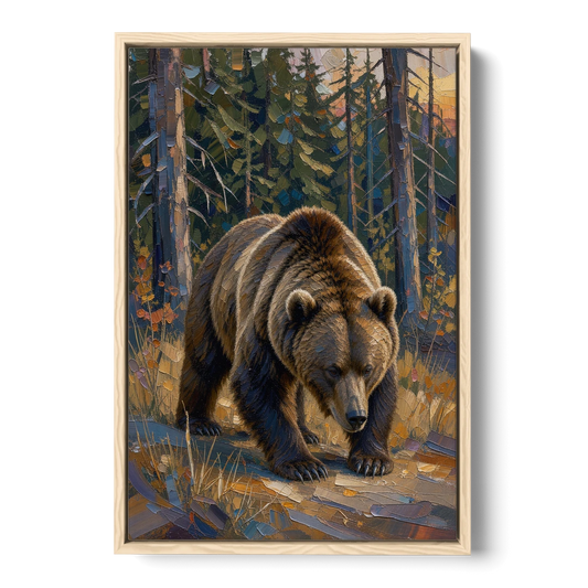 Grizzly in the Dusk Pines for the Man Cave - Oak Framed Canvas Wall Art - Front