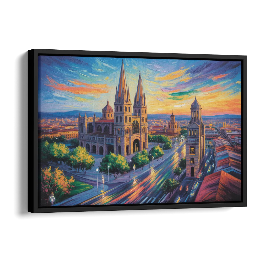 Guadalajara Cathedral Side - Black Canvas Wall Art
