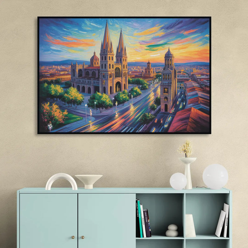 Guadalajara Cathedral Living Room - Black Canvas Wall Art