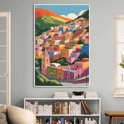 Guanajuato Colorful Hills Sitting Room - White Canvas Wall Art