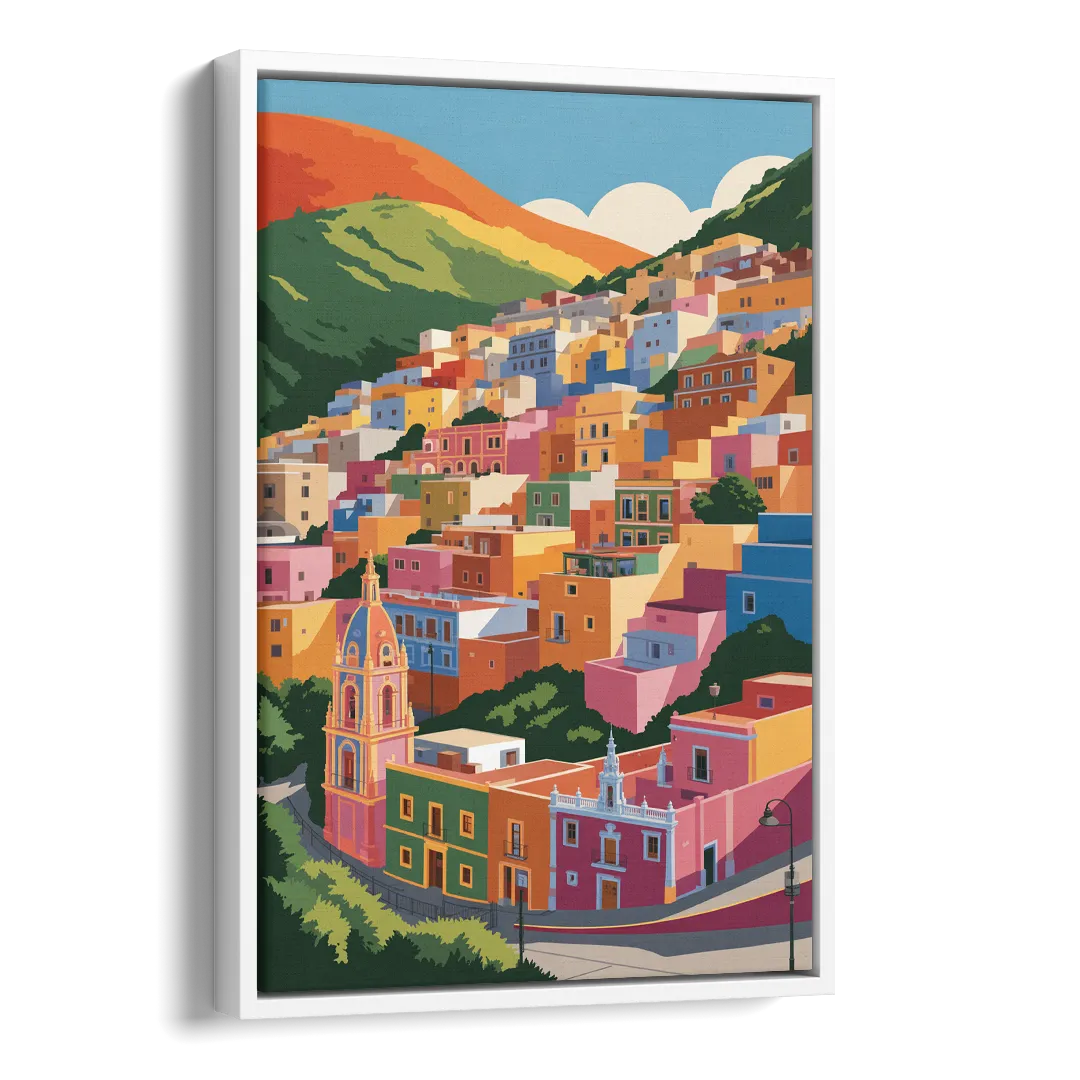 Guanajuato Colorful Hills Side - White Canvas Wall Art