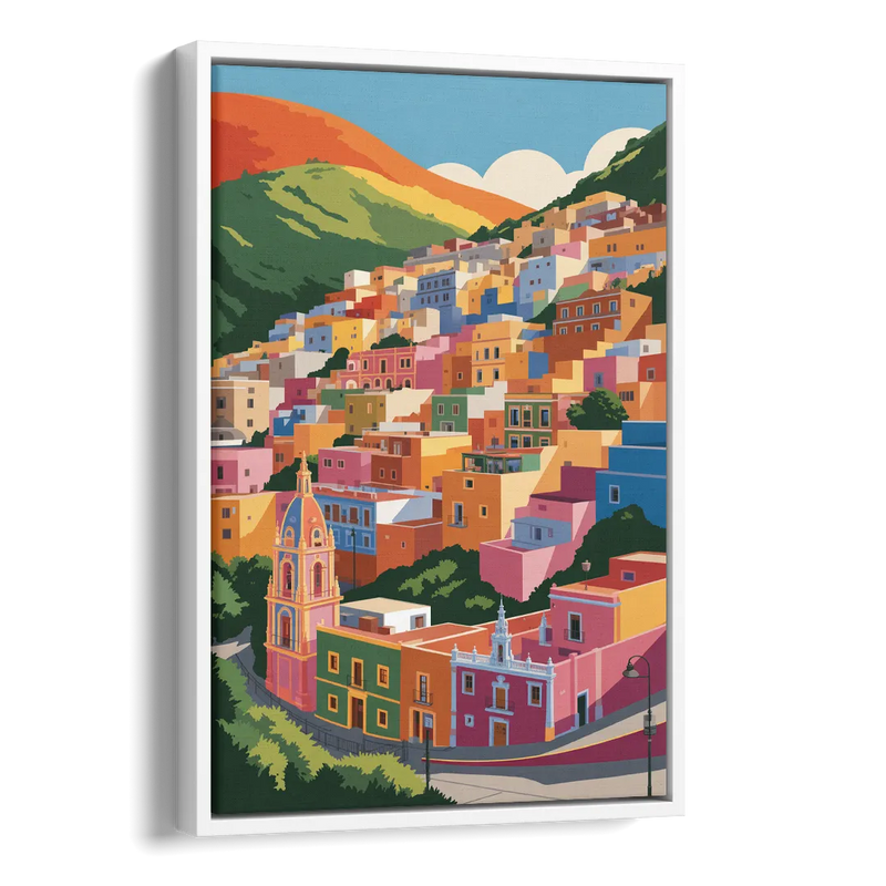 Guanajuato Colorful Hills Side - White Canvas Wall Art