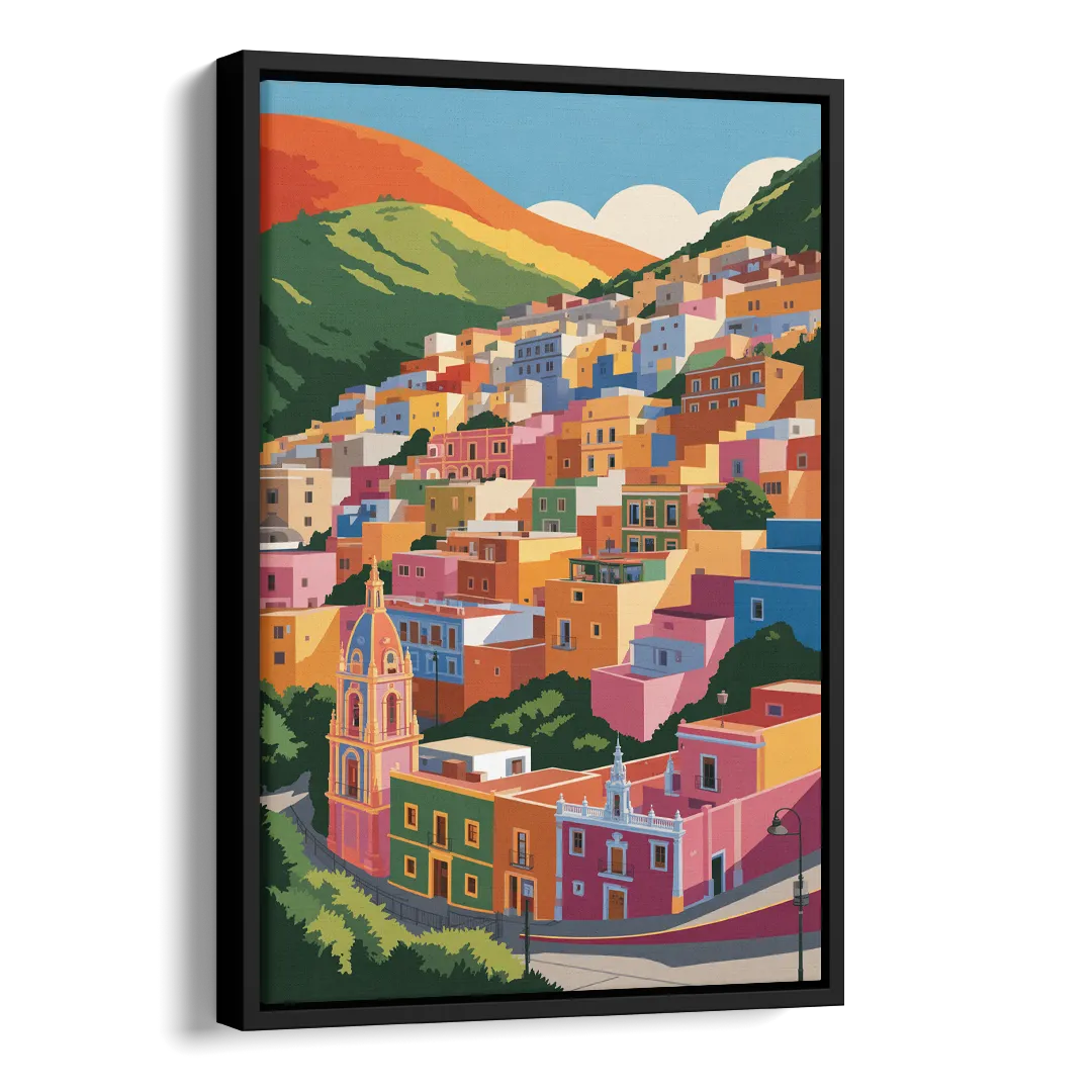 Guanajuato Colorful Hills Side - Black Canvas Wall Art