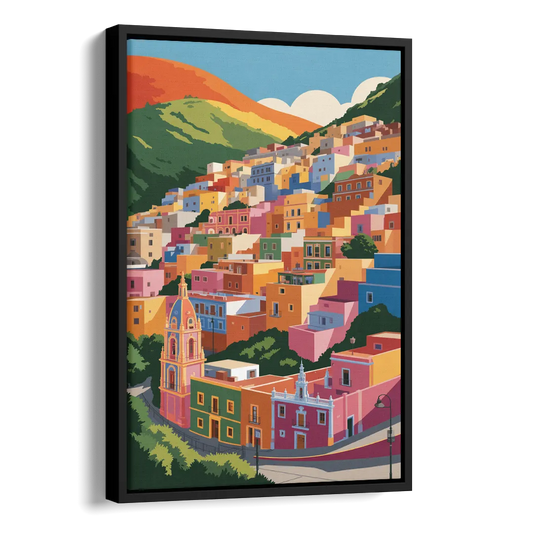 Guanajuato Colorful Hills Side - Black Canvas Wall Art
