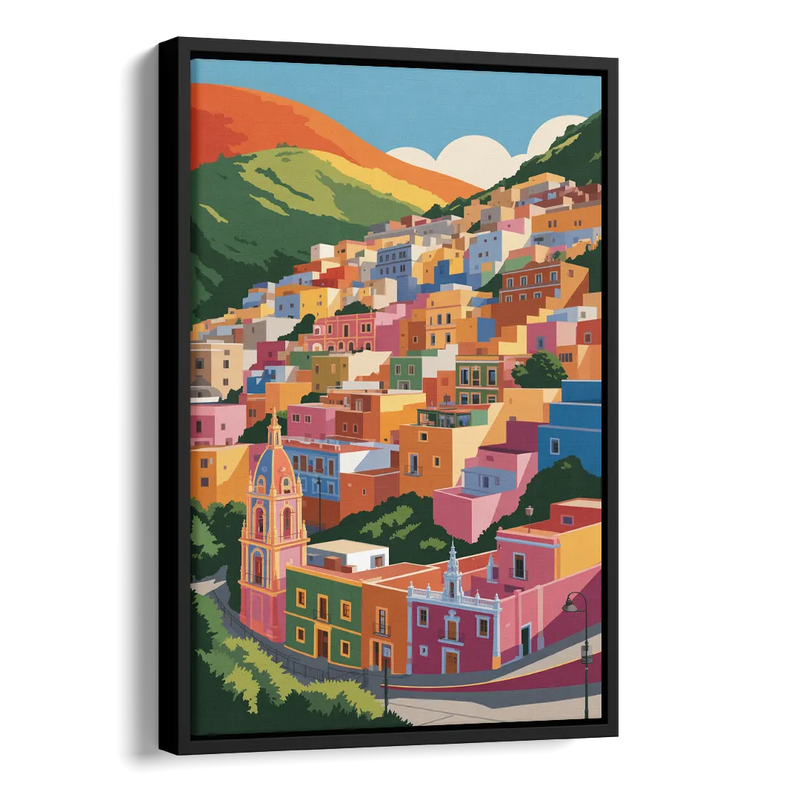 Guanajuato Colorful Hills Side - Black Canvas Wall Art
