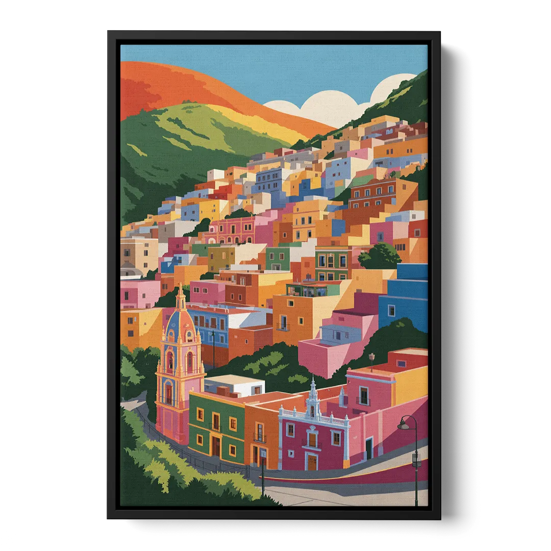 Guanajuato Colorful Hills Front - Black Canvas Wall Art