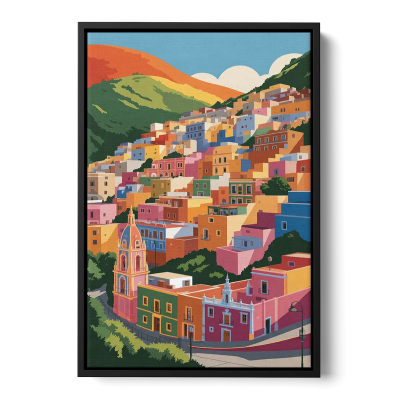 Guanajuato Colorful Hills Front - Black Canvas Wall Art