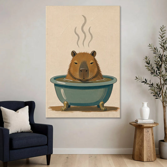 Guest Bathroom Wall Art with a Steaming Capybara - Canvas Wall Art - Sofa - 40x60