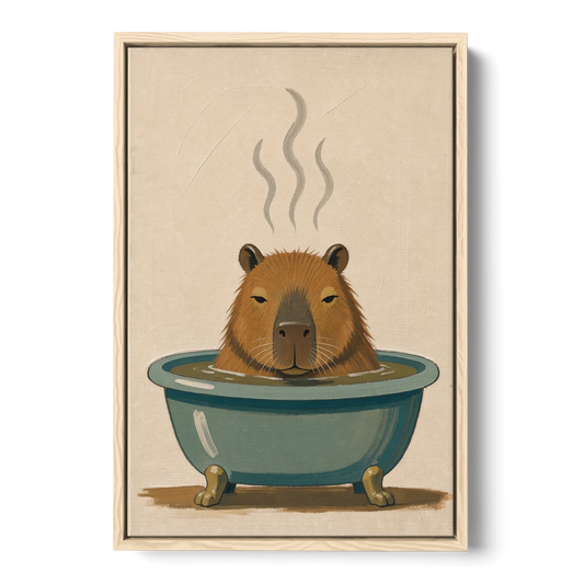 Guest Bathroom Wall Art with a Steaming Capybara - Oak Framed Canvas Wall Art - Front