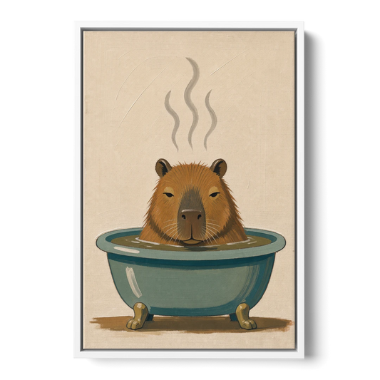Guest Bathroom Wall Art with a Steaming Capybara - White Framed Canvas Wall Art - Front