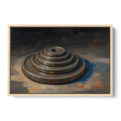 Gym Decor Rusted Plate Stack in Low Light - Oak Framed Canvas Wall Art - Front