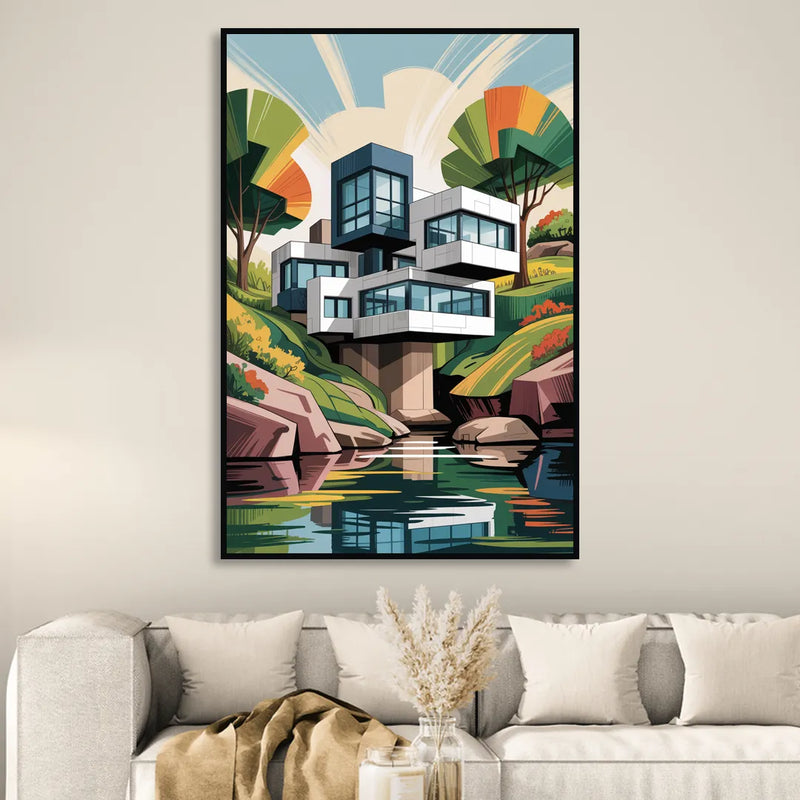 Habitat 67 Architecture Sitting Room - Black Canvas Wall Art