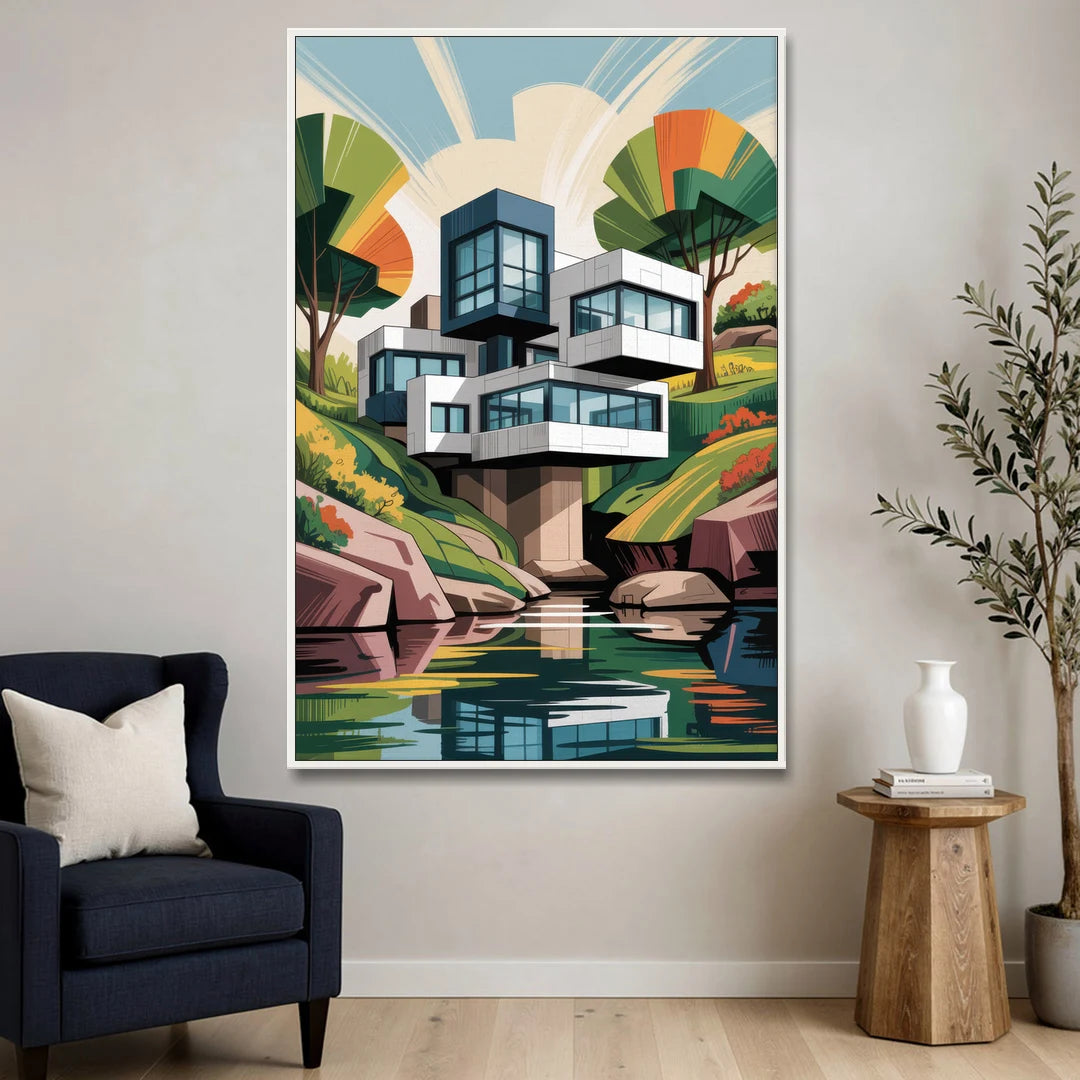 Habitat 67 Architecture - White Framed Canvas Wall Art - Sofa - 40x60