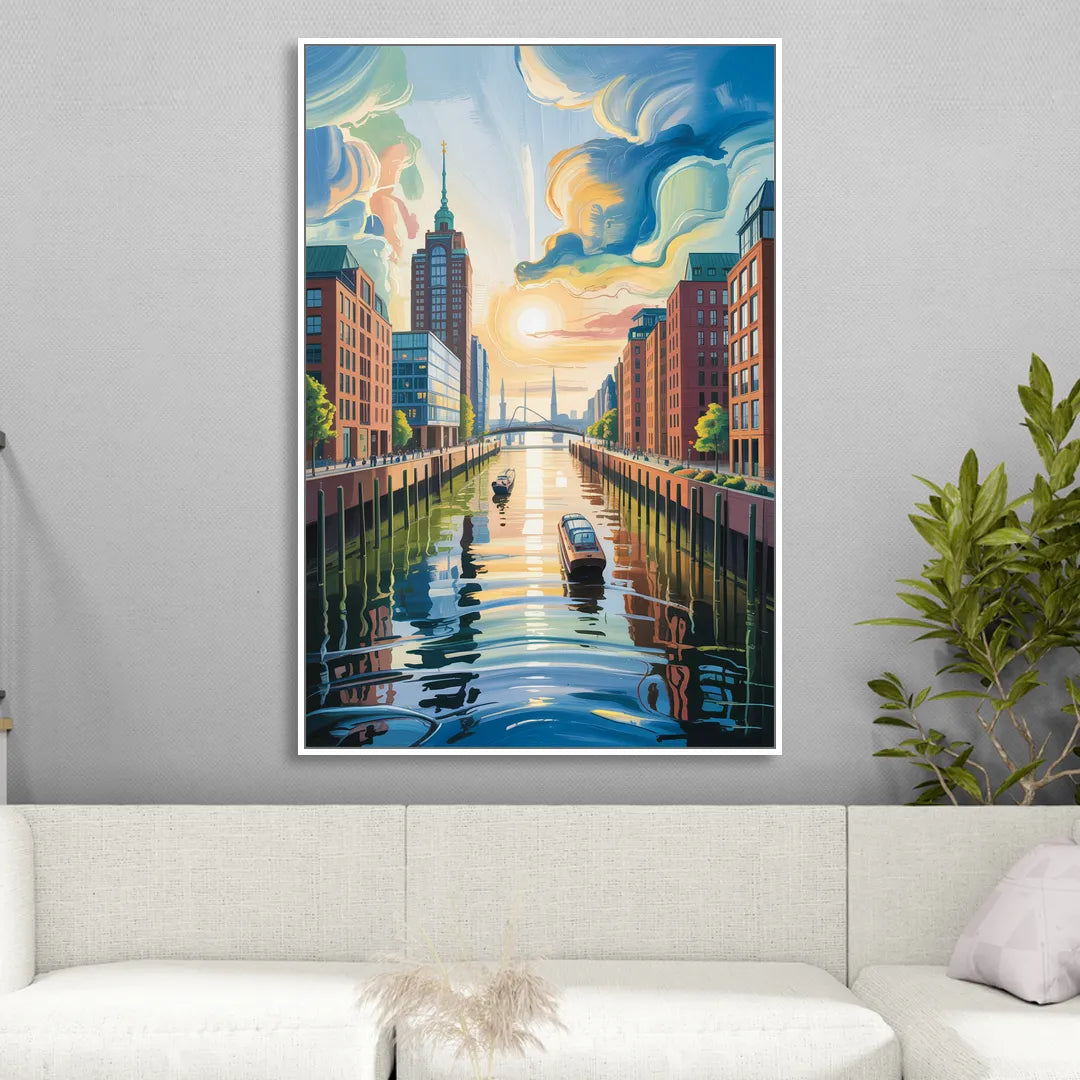 HafenCity Horizon Living Room - White Canvas Wall Art