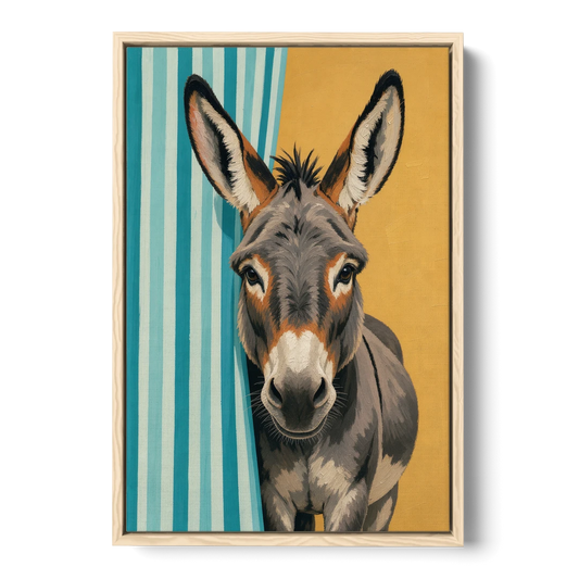 Half Bath Wall Decor with a Curious Donkey - Oak Framed Canvas Wall Art - Front