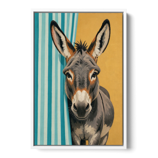 Half Bath Wall Decor with a Curious Donkey - White Framed Canvas Wall Art - Front