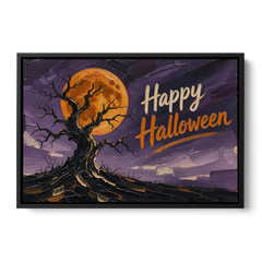Halloween Canvas Painting of a Moonlit Crooked Oak - Black Framed Canvas Wall Art - Front