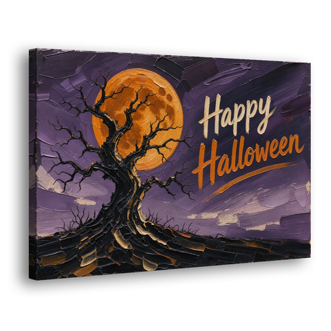 Halloween Canvas Painting of a Moonlit Crooked Oak - Canvas Wall Art - Side