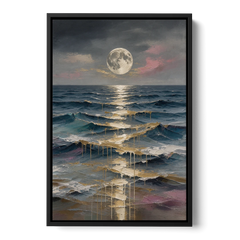 Hallway Wall Art with Gold Moonlight on Waves - Black Framed Canvas Wall Art - Front