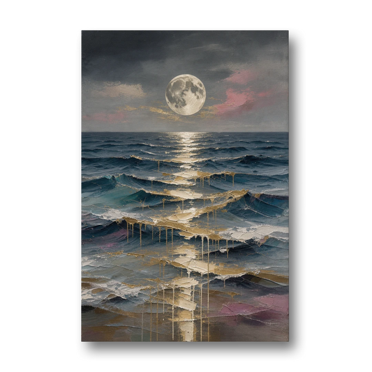 Hallway Wall Art with Gold Moonlight on Waves - Canvas Wall Art - Front