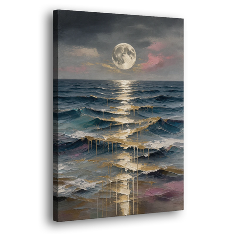 Hallway Wall Art with Gold Moonlight on Waves - Canvas Wall Art - Side