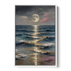 Hallway Wall Art with Gold Moonlight on Waves - White Framed Canvas Wall Art - Front
